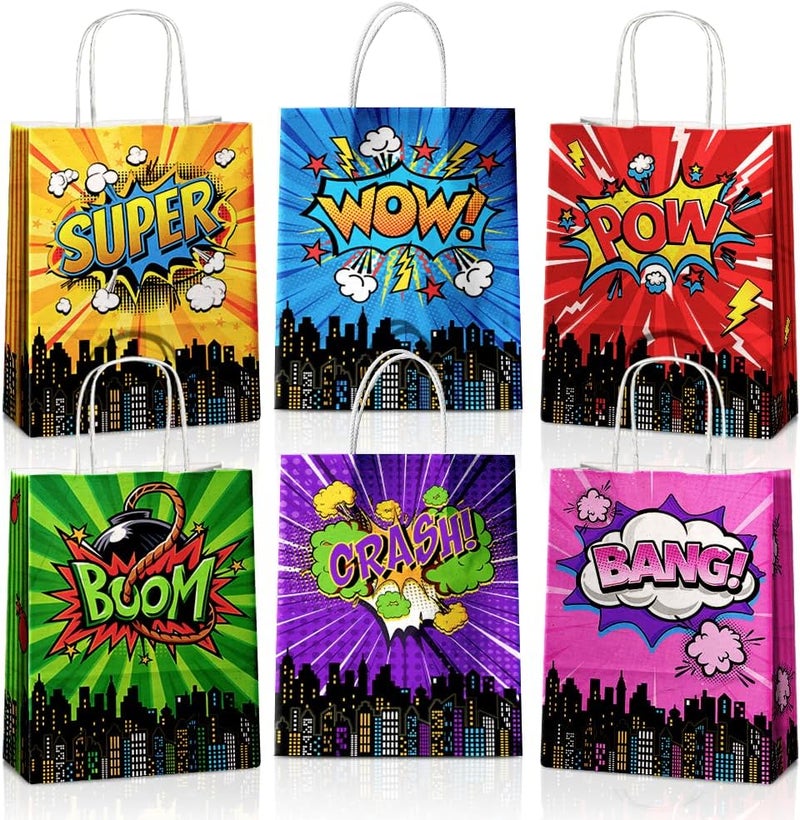 JOYGATHER 24 Pcs Hero Party Favor Bags with Handles - Hero Goodie Bags, Gift Bags. Comic Hero Theme Candy Bags for Kids, Kraft Paper Bags for Birthday Party Supplies and Baby Shower Decorations. - Image 1